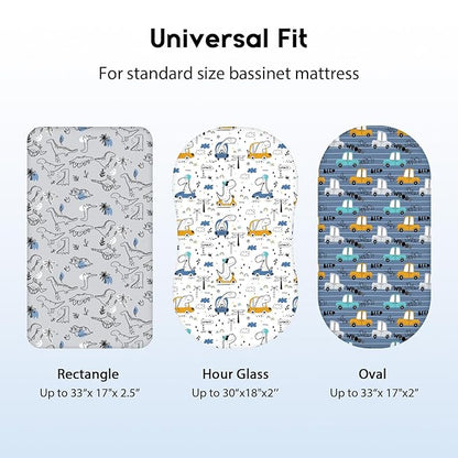 Baby Bassinet Sheets Girl Boy, Fitted Bassinet Sheet Set 3 Pack Bassinet Mattress Sheets Universal Fit for Rectangle, Round, Oval, Hourglass Mattress, Soft Breathable Grey & Blue Car