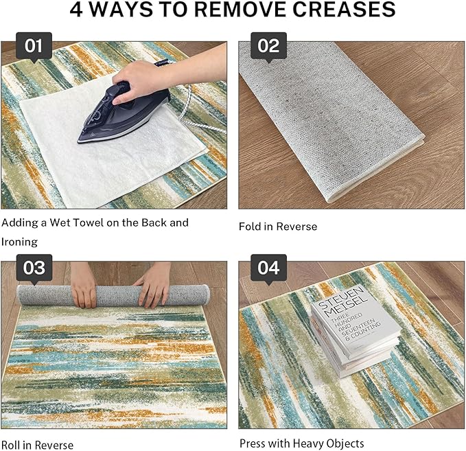 Modern Abstract Bedroom Runner Rug 2x7, Green Mustard Multi Washable Kitchen Runner, Non-Slip Soft Thin Faux Wool Mat for Entryway, Hallway, Laundry Room, Indoor Home Decor