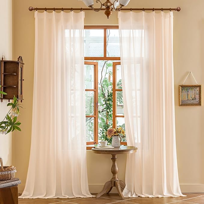 Soft Pink Pinch Pleat Sheer Curtains 120 Inch Length for Living Room Bedroom 10ft Curtains Light Filtering Farmhouse Floor to Ceiling Pleated Drapes with Hooks, Soft Pink, 42"W x 120"L, 2 Panels