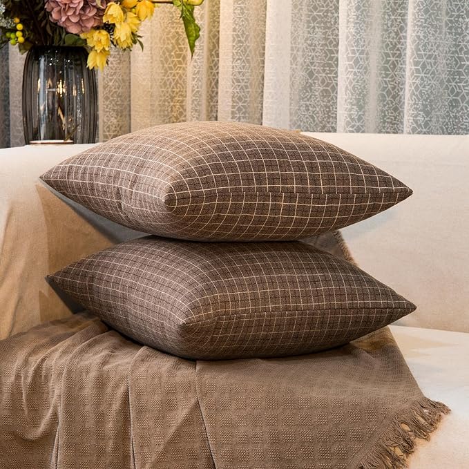 Tweed Throw Pillow Covers Woolen-Style Fabric Square Pillow Cases for Farmhouse Cushion Case and Home Sofa Couch Decor Pack of 2,18x18 Inch Senior Brown Plaid