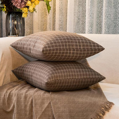 Tweed Throw Pillow Covers Woolen-Style Fabric Square Pillow Cases for Farmhouse Cushion Case and Home Sofa Couch Decor Pack of 2,18x18 Inch Senior Brown Plaid