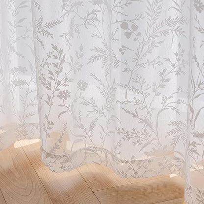 Anmao Vintage Lace Curtains 45 Inches Long 2 Panels Set, Romantic Elegant Light Filtering Semi Sheer Floral Thick Lacy Curtain Drapes for Living Room and Bedroom, Each Panel 55W x 45L, White Leaves
