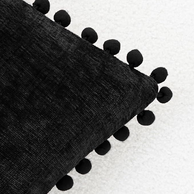 CaliTime Throw Pillow Covers Decorative 20 X 20 Inches Pack of 2 Cozy Solid Dyed Soft Chenille Cushion Cases with Pom Poms for Couch Sofa Bed Living Room Home Black