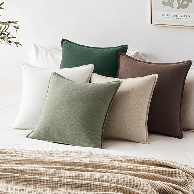 EMEMA Throw Pillow Covers Decorative Linen Pillow Covers 20x20 Inch Light Olive Green Boho Farmhouse Neutral Couch Throw Pillows for Bed Pack of 2 Accent Pillowcase Modern Sofa Cushion Livingroom Home