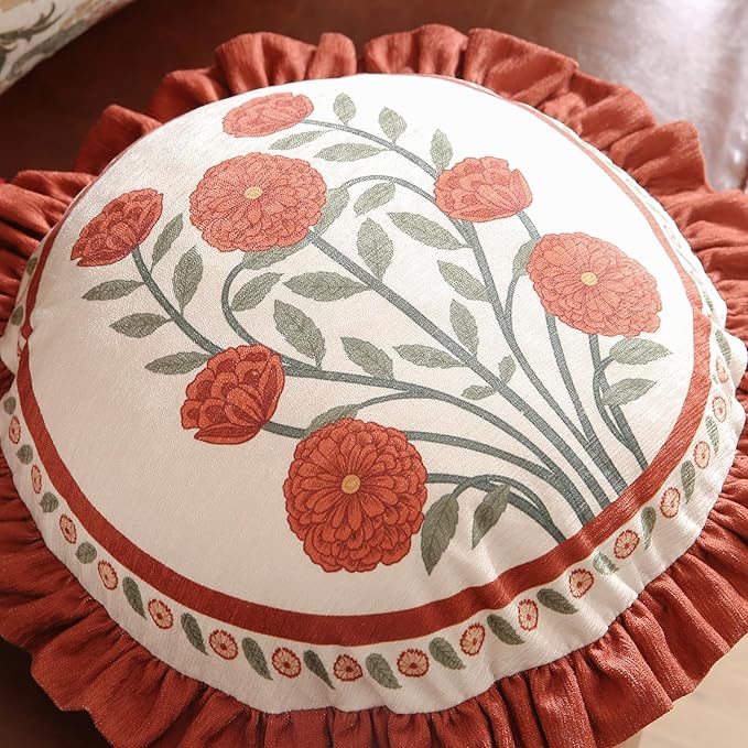 Vintage Round Throw Pillow Covers Pack of 2,Red Cozy Velvet with Leaves and Floral Pattern Pillowcases,Decor Pillows Cushion Covers for Living Room Couch Sofa Bed Car,Diameter 16"