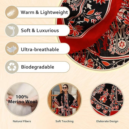 DANA XU 100% Merino Wool Extra Large Pashmina Blanket Travel Scarf Cashmere Wrap for Women Fall Winter Oversize Shawl Floral