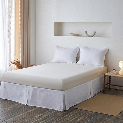 BISELINA French Linen Wrap Around Bed Skirt with Pleated Corner 14-Inch Tailored Drop Natural Flax Cotton Blend Basic Soft Cozy (14" King, White)