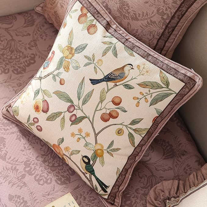 Square Pink Farmhouse Throw Pillow Covers Pack of 2,Birds and Flowers Pattern Cozy Velvet Pillowcases,Decoration Pillows Cushion Covers for Couch Sofa Bed Car Chair,18"x18"