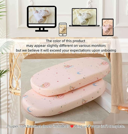 SDY Jersey Bassinet Sheets for Baby Girls,32 "x 16 "x 4",2 Pack,Pink Bunny Easter Day Style Standard Oval/Retangle Bassinet Mattress Sheets for Toddler,Super Soft Breathable