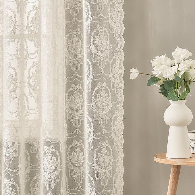 Ivory Vintage Country Floral Lace Sheer Curtains 84 Inches Long -Rod Pocket Light Filtering French Privacy Scalloped Edges Rod Pocket Boho Bedroom ，52 x 84 Inch, 2 Panels
