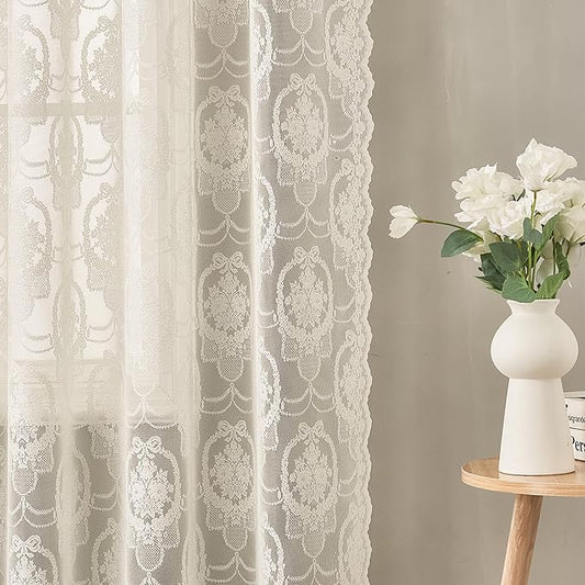 Ivory Vintage Country Floral Lace Sheer Curtains 84 Inches Long -Rod Pocket Light Filtering French Privacy Scalloped Edges Rod Pocket Boho Bedroom ，52 x 84 Inch, 2 Panels