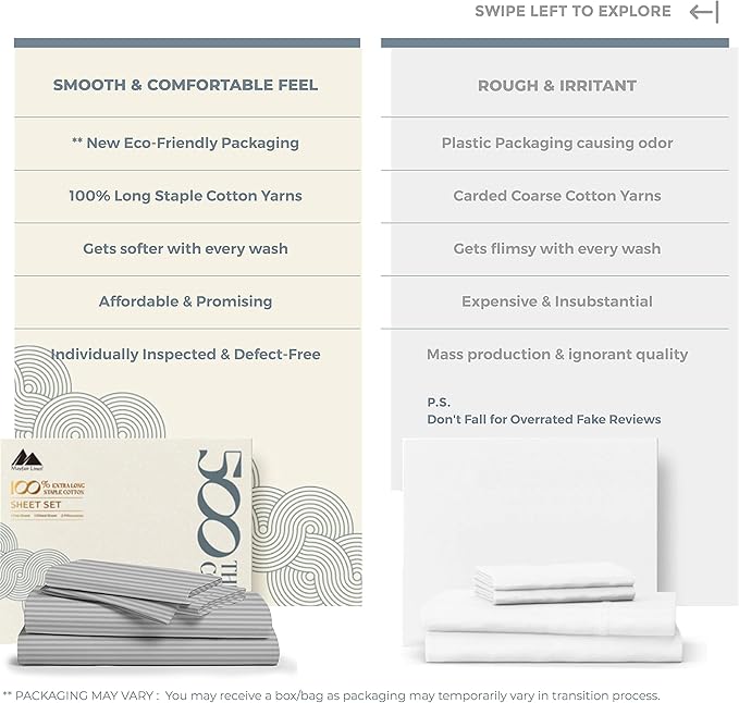 Mayfair Linen 100% Cotton Striped Sheets Split King Size Bed Set - 500 Thread Count Damask Split King Sheets for Adjustable Bed, 5 PC Set (Silver Stripe), Cooling, Sateen 16" Deep Pocket Bedsheet