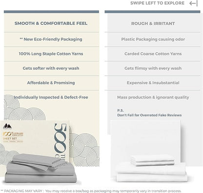 Mayfair Linen 100% Cotton Sheets Set - 500 Thread Count 4 PC Set, Soft, Cooling, Sateen Weave 16" Deep Pocket Bedsheet - 4 PC, California King Light Grey Stripe