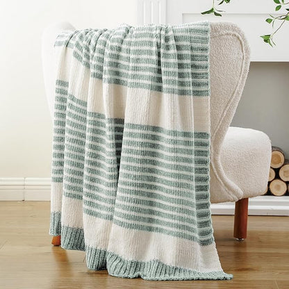 BATTILO HOME Sage Green Throw Blanket for Couch, Farmhouse Chenille Knitted Blanket for Home Decor, Light Green Striped Spring Summer Throw Blanket, 51"x67"