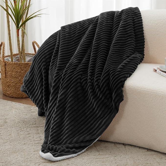 Sherpa Twin Blanket - Soft Cozy Fleece, Warm for Winter, Reversible for Sofa, Black, 60 x 80 Inches