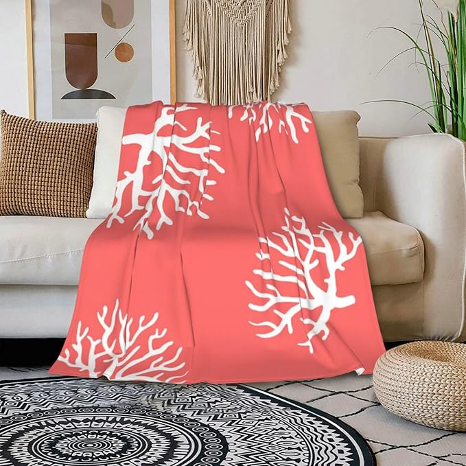 HGOD DESIGNS Beach Coral Fleece Throw Blanket Soft Cozy Coral Fuzzy Blanket Caring for Women & Adults Ocean Coral Pink Branch Reef Nature Red White Plush Microfiber Blanket 40"x50"
