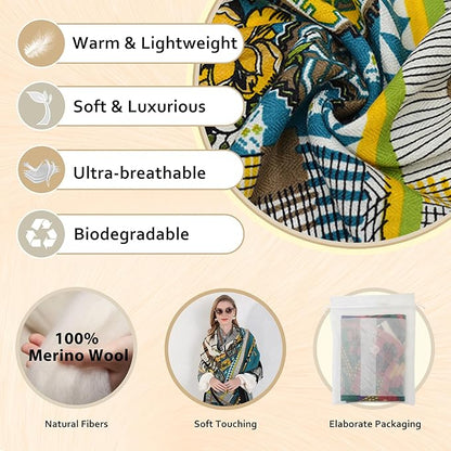 DANA XU 100% Merino Wool Pashmina Shawl for Women 96"x43", Oversized Cashmere Wrap with Tassels, Floral Travel Blanket Cape