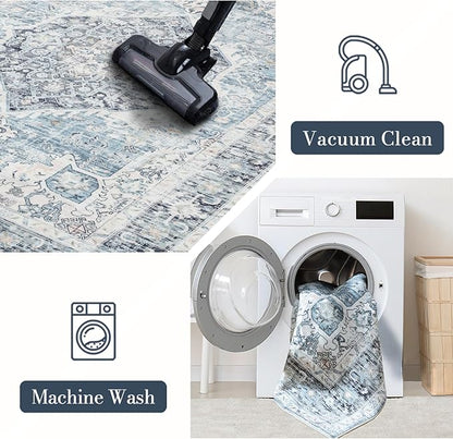 Area Rug 8×10, Large Vintage Boho Rug,Ultra-Soft Low Pile, Washable, Non Slip,Stain Resistant, Printed Carpet for Living Room Bedrooms Playroom Office Kitchen, Light Blue
