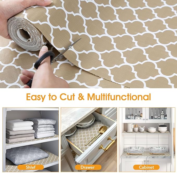Shelf and Drawer Liner for Kitchen Cabinets Non-Adhesive, Strong Grip Non-Slip Thickened Cabinet Liners for Shelves, Waterproof Mats for Dresser Cupboard, Beige, 23 in x 20 Feet