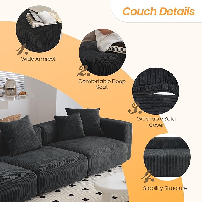 JACH 181" Oversized Corduroy Sectional Couch, Deep 4-Seats Sectional Sofa, Huge Plus Convertible Soft Sofas, Minimalist Modular Couches for Living Room, Office, Apartment, Black