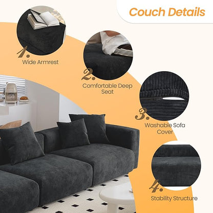 JACH 181" Oversized Corduroy Sectional Couch, Deep 4-Seats Sectional Sofa, Huge Plus Convertible Soft Sofas, Minimalist Modular Couches for Living Room, Office, Apartment, Black