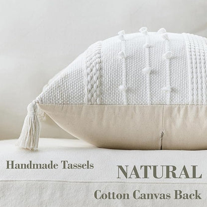 Boho Pillow Cover 18x18 Beige - Handmade Woven Textured Throw Pillow Case with Cordings & Tassels, Decorative Accent for Couch Sofa Farmhouse Living Room Home Decor