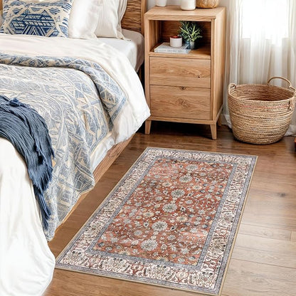 KUTA Vintage Floral Terracotta Entryway Rug 2x3, Kitchen Rugs Non-Slip Washable Throw Rug, Ultra Thin Soft Print Front Door Mat Indoor Doormat for Entrance, Bedside, or Small Spaces