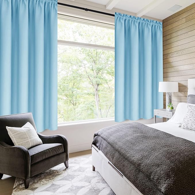 DWCN Blackout Curtains Thermal Insulated Energy Saving Bedroom and Kitchen Curtains Window Treatments, W 38 x L 45 Inch, Set of 2 Light Blue Rod Pocket Drapes