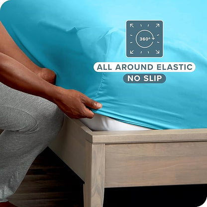 Bare Home 2-Pack Fitted Bottom Sheets Twin - Premium 1800 Ultra-Soft Wrinkle Resistant Microfiber - Deep Pocket (Twin, Aqua)