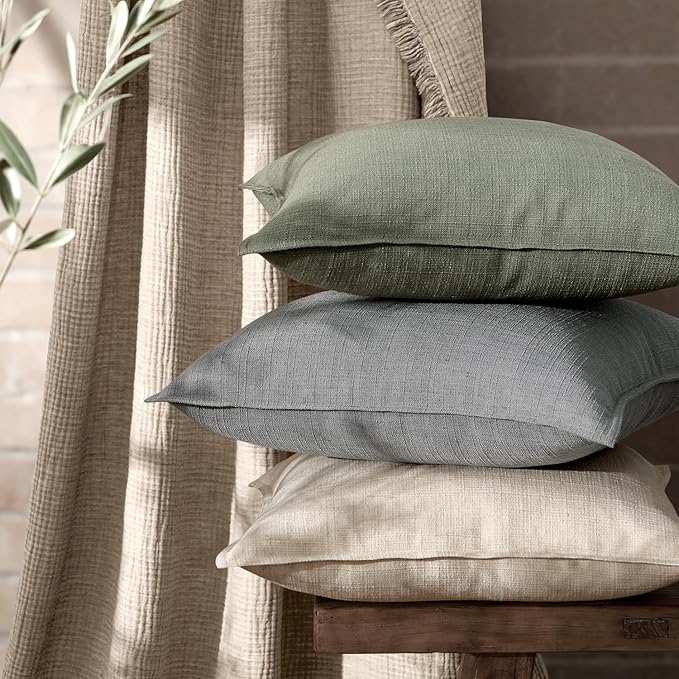 MIULEE Olive Green Decorative Pillow Covers 20x20, 2 Pack Boho Farmhouse Neutral Throw Pillows for Couch, Thick Textured Modern Linen Cushion Cases Sofa Bed Living Room Home Decor