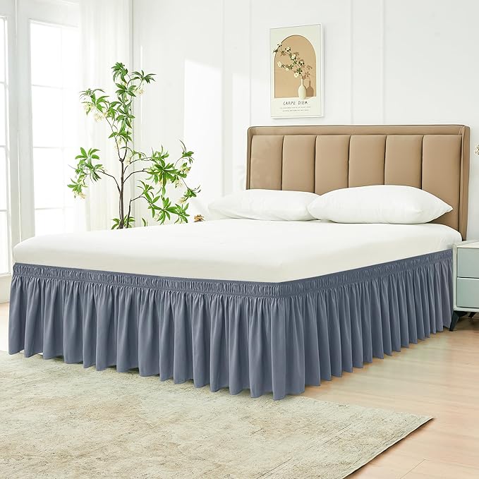 Biscaynebay Wrap Around Bed Skirts for Queen Beds 15" Drop, Dark Grey Flora Home Elastic Dust Ruffles Easy Fit Wrinkle & Fade Resistant Silky Luxurious Fabric Machine Washable