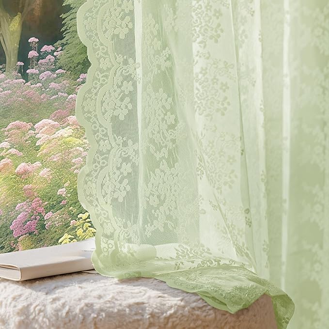 Anmao Vintage Lace Curtains 102 Inches Long 2 Panels, Romantic Semi Sheer Floral Lacy Curtain for Living Room, Elegant Window Drapes for Bedroom, Each 55W x 102L, Light Green