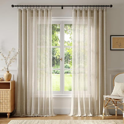 Anmao Natural Linen Curtains for Living Room 80 Inch Length 2 Panels Set, Light Filtering Semi Sheer Window Curtain Drapes for Bedroom with Curtain Rings and Clips, 52 Inch Wide Each Panel, Linen