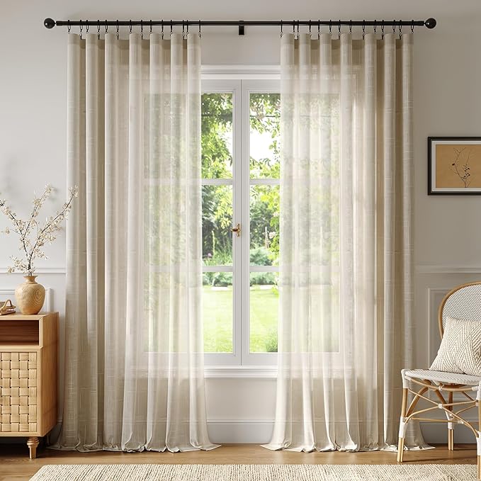 Anmao Natural Linen Curtains for Living Room 84 Inch Length 2 Panels Set, Light Filtering Semi Sheer Window Curtain Drapes for Bedroom with Curtain Rings and Clips, 52 Inch Wide Each Panel, Linen