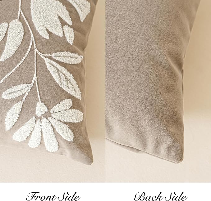BlissBlush Taupe Velvet Decorative Throw Pillow Cover 20X20, Neutral Brown Flower Tufted Soft Farmhouse Textured Pillowcase, Accent Pillowcase for Couch Sofa Bed Living Room