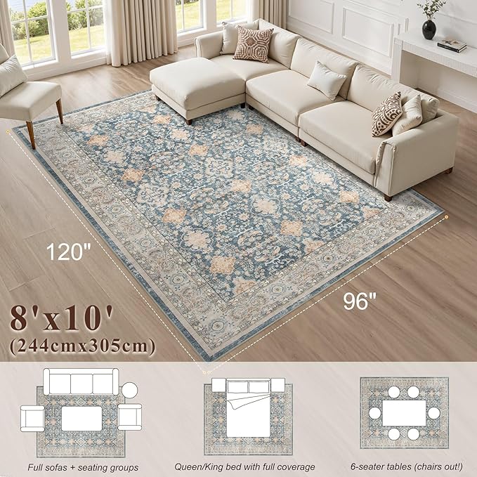 Vintage Living Room Area Rug 8x10 - Large Soft Washable Oriental Traditional Distressed Farmhouse Rugs for Bedroom - Indoor Floor Accent Carpet for Home Office House Decor - Dark Blue
