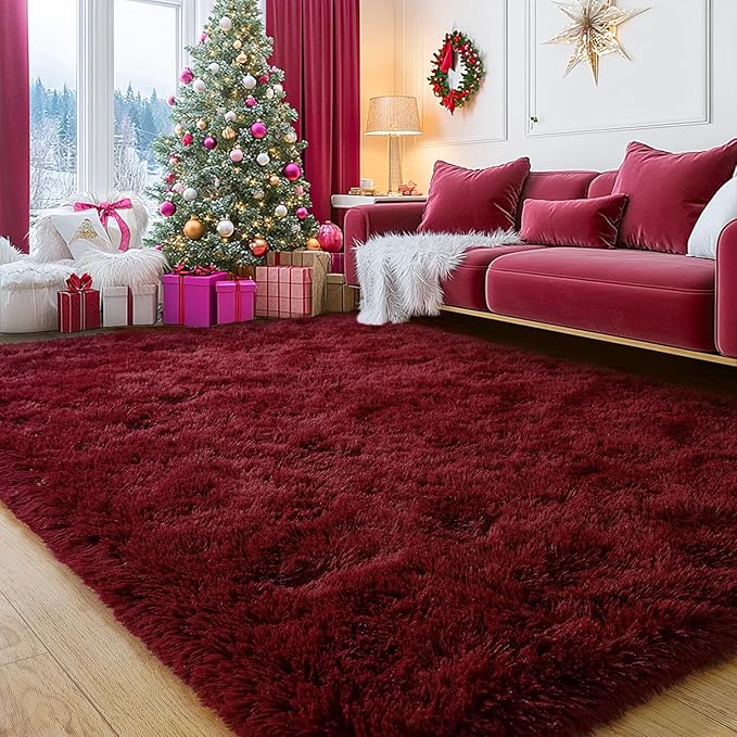 Burgundy Plush Rug for Living Room Fuzzy Carpet for Bedroom Dorm, Non-Slip High Pile Rug, Shag Rug for Playroom Nursery Home Office Decor 8X10 Ft