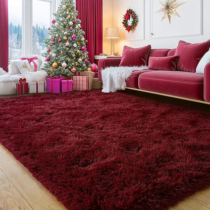 Burgundy Plush Rug for Living Room Fuzzy Carpet for Bedroom Dorm, Non-Slip High Pile Rug, Shag Rug for Playroom Nursery Home Office Decor 8X10 Ft