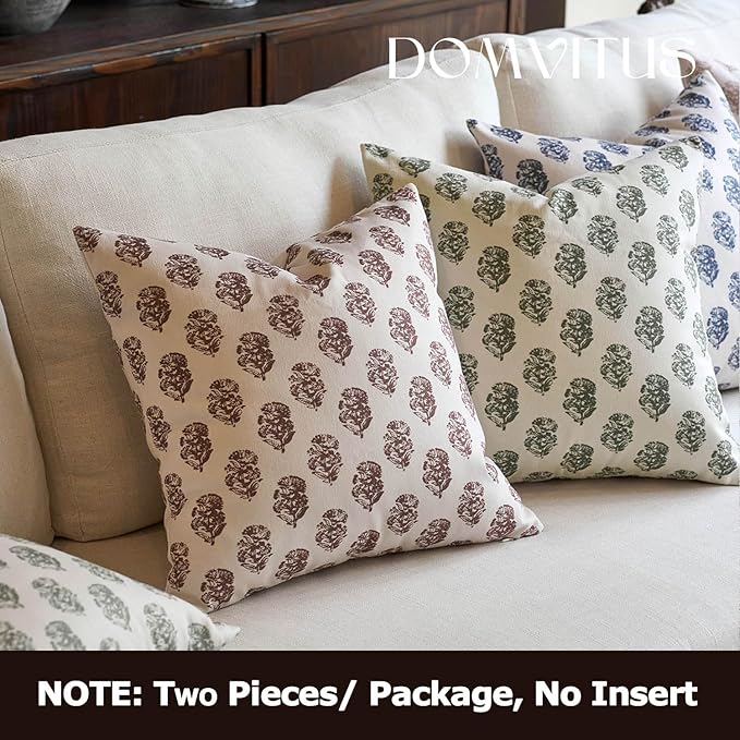 DOMVITUS Set of 2 Floral Pillow Covers 20x20, Block Print Pillow Covers Vintage Neutral Decorative Farmhouse Throw Pillow Covers for Couch Bed Living Room Brown