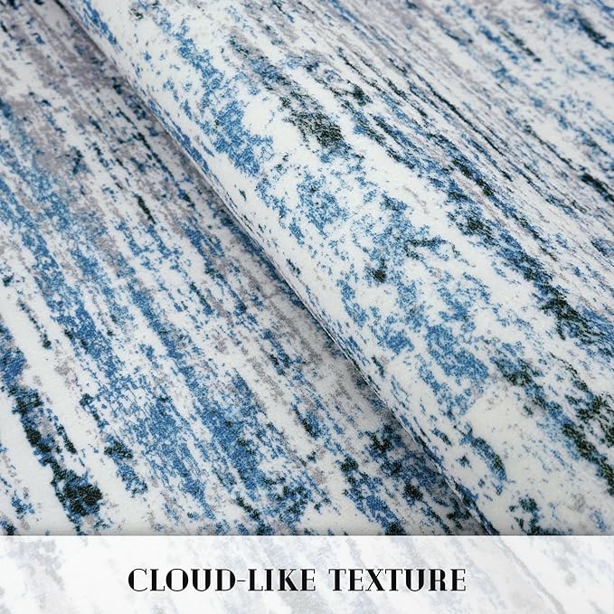 Modern Abstract Runner Rug 2.6x12, Grey Blue White Washable Long Kitchen Runner Non-Slip Soft Hallway Rug Runner Thin Print Faux Wool Carpet for Entryway Bedroom Laundry Room Indoor Home Decor