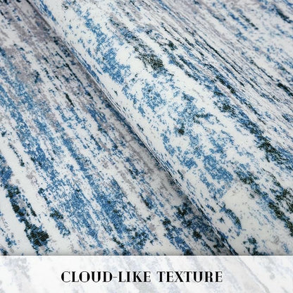 Modern Abstract 9x12 Large Machine Washable Living Room Rug Non-Slip Soft Bedroom Area Rug Grey Blue White Thin Print Faux Wool Carpet Throw Rugs for Nursery Playroom Dining Room Indoor