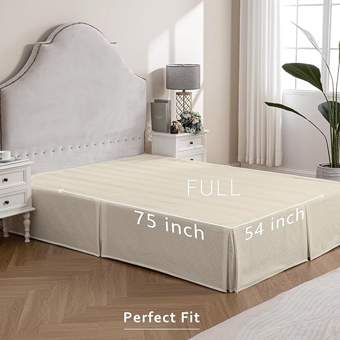 MIYE Pleated Waffle Weave Bed Skirt, Tailored Dust Ruffle 12 Inch Drop Easy Fit, Machine Washable,No Split Corners(Light Beige, Full - 12" Drop)
