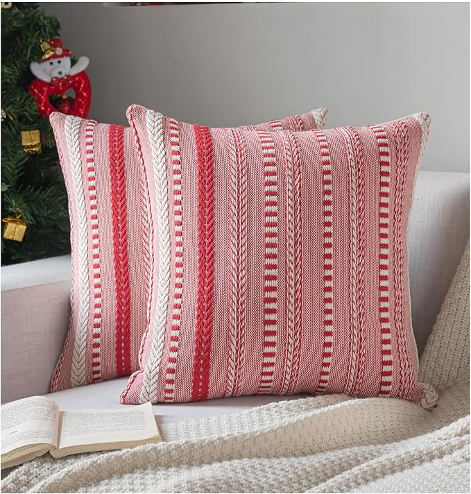 Christmas Pillow Covers 18x18 Inch Set of 2, Farmhouse Boho Christmas Decorative Couch Pillow Cases, Red Accent Pillows of Bed, Sofa Bedroom Living Room Home Decor Cushion Cover