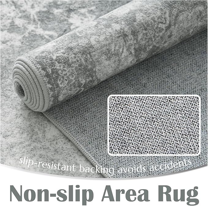 jinchan Washable Area Rug 6x9 for Living Room - Soft Faux Wool Ultra-Thin Stain Resistant Non-Slip Distressed Vintage Floral Rug Large Carpet for Bedroom Dining Room Home Office Nursery(Grey, 6'x9')