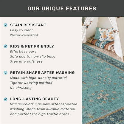 Teal 3x6 Wide Non Slip Kitchen Rug - Washable Front Door Runner Indoor Entrance, Vintage Floral Pattern Indoor Decor, Non Slip Soft Low Pile Fade Resistant