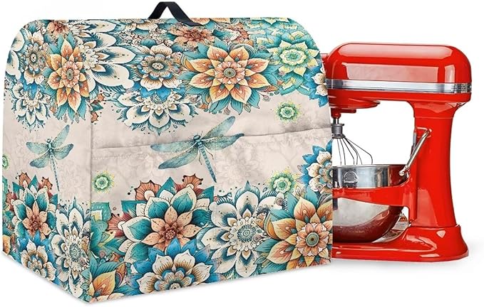 Stand Mixer Covers Compatible with 6-8 Quarts Boho Flower with Dragonfly Kitchen Aid Stand Mixer Dust Protector Cover Organizers with Handle Pocket