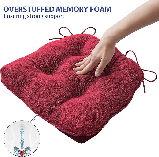 Chair Cushions for Dining Chairs Set of 4, Red Kitchen Chair Cushions, Chair Pads with Ties and Non Slip Backing, Christmas Room Decor, Tufted Memory Foam Seat Cushion 4 Pack, 15.5"x15.5"x4"