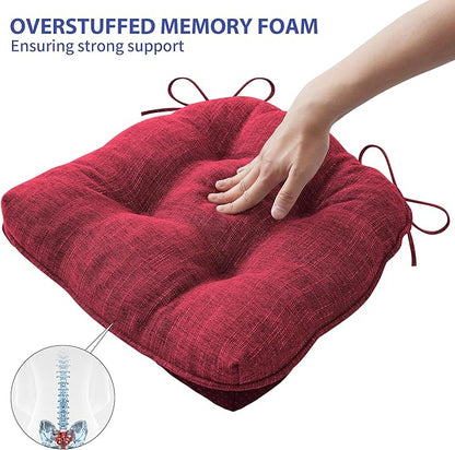Chair Cushions for Dining Chairs Set of 4, Red Kitchen Chair Cushions, Chair Pads with Ties and Non Slip Backing, Christmas Room Decor, Tufted Memory Foam Seat Cushion 4 Pack, 15.5"x15.5"x4"