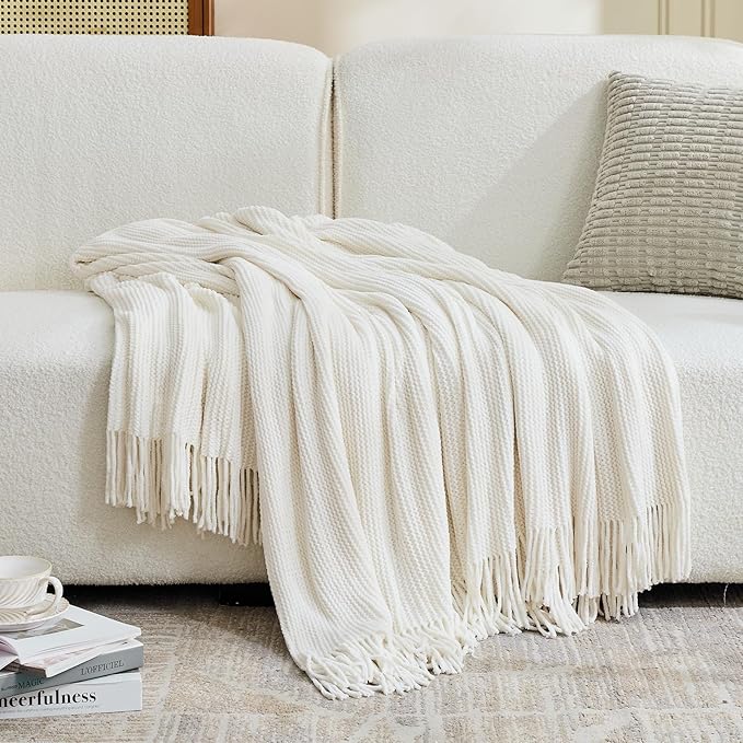 inhand Throw Blanket for Couch Bed,Chunky Chenille Woven Soft Blankets with Tassels,Cozy Boho Farmhouse Fall Winter Decor,Warm for Women,50"x60",Medium Thick-Off White