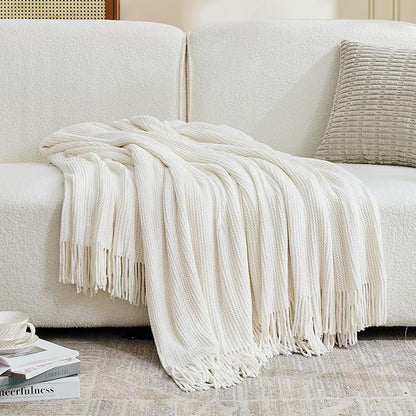 inhand Throw Blanket for Couch Bed,Chunky Chenille Woven Soft Blankets with Tassels, Cozy Boho Farmhouse Fall Winter Decor,Warm for Women,60"x80",Medium Thick-Off White